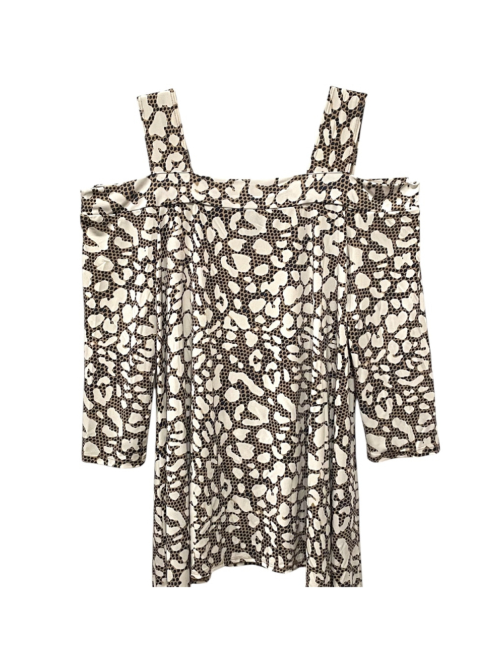 Women's Size Large Clara Sun Woo Cold Shoulder Top Animal Print Navy Beige - Picture 2 of 9